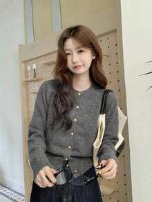 Korean Style Minimalist Solid Color Button Knit Cardigan - Grey - View 2