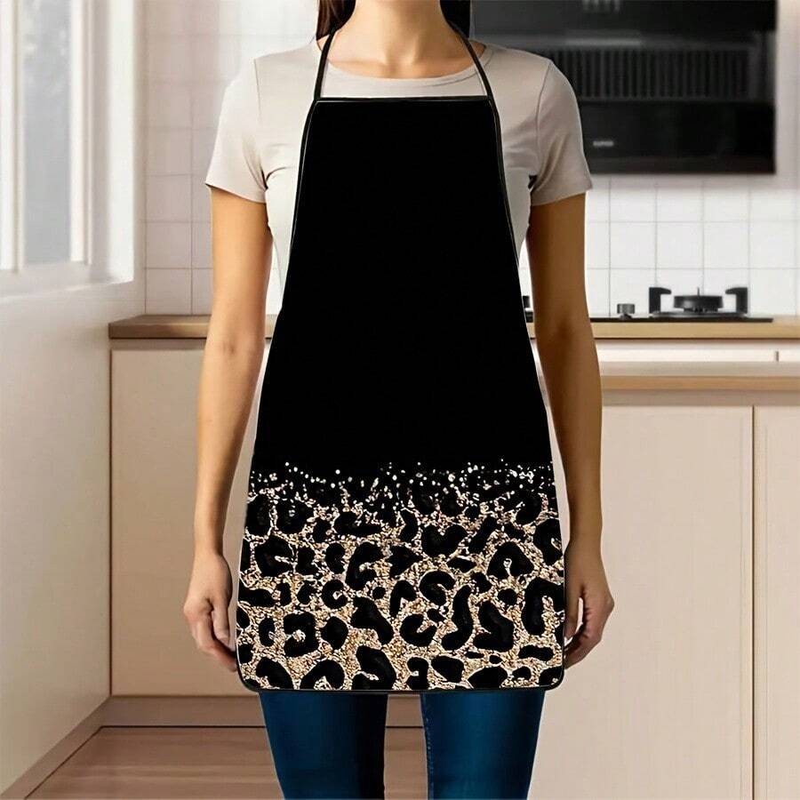 1pc Black Gold Leopard Gradient Print Apron For Home Cooking Baking - Multicolor - View 1