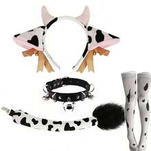 2/4pcs Cow Costume Accessory Set - Polyester Cow Ear Headband, Tail, Bell Collar And Cow Print Knee-High Socks - Washable - Suitable For Animal Theme Party, Cosplay - Multicolor - View 1