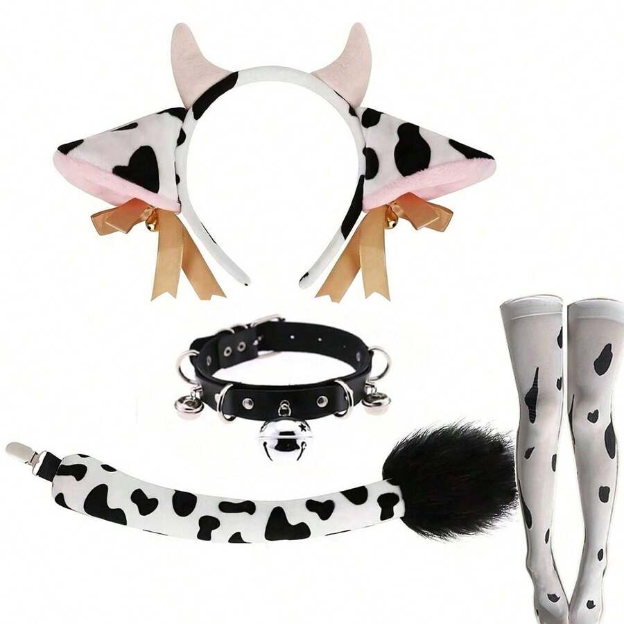 2/4pcs Cow Costume Accessory Set - Polyester Cow Ear Headband, Tail, Bell Collar And Cow Print Knee-High Socks - Washable - Suitable For Animal Theme Party, Cosplay - Multicolor - View 1