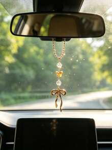 1pc Crystal Beaded Alloy Bow Pendant Car Interior Rearview Mirror Hanging Decoration Car Interior Decor Accessory - A - View 5