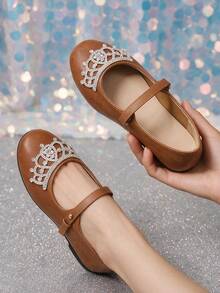 Elegant Rhinestone Crown Decor One-Strap Mary Jane Women's Shoes, Exquisite Rhinestone Embellishment, Soft Round Toe, Daily Wear, Sweet And Energetic Vibe Shoes - Light Brown - View 4