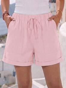 Plus Size Women's Solid Color Casual Pocket Shorts Pink Summer - Pink - View 1