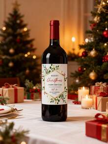 Personalized Christmas Wine Bottle Label Stickers, Custom Text Merry Christmas & Happy New Year Bottle Decals, Greenery Berry Design, Xmas Party Table Decor, Customized Gift For Family Friends - Multicolor - View 3