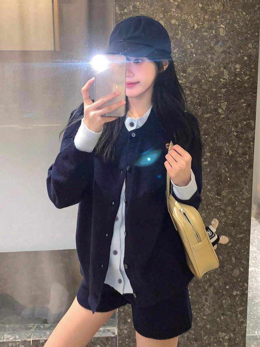 Autumn/Winter Color Block 2 In 1 Blue Knit Single-Breasted Casual Cardigan Sweater Top For Women - Navy Blue - View 1