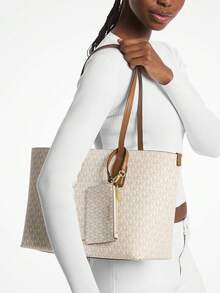 Michael Kors MK Charlie Logo Medium Tote Bag With Small Zipper Pouch Wallet Set, Women's Casual Commuter Handbag Shoulder Bag, Fashion Gift Bag - Beige Brown - View 2