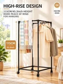 Square Floor Standing Drying Rack With Wheels, Household Vertical Coat Rack With Thickened Steel Tubes, Large Capacity Clothes Storage Rack, Tall Design For Hanging Long Dresses, Movable Clothes Organizer - Black and White - View 6