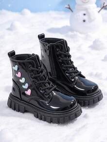 1 Pair Girls' Short Boots With Colorblock Heart Pattern Decor, Round Toe Soft Sole, Height-Increasing Inner Zipper Design, Fashion Sweet Cool Cute Princess Ankle Boots, Suitable For Daily, Holiday, School, Party, Autumn/Winter New Style - Black - View 7