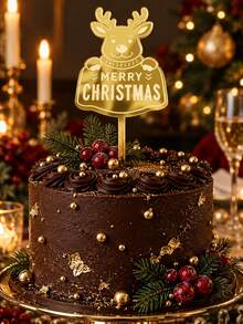 3pcs Gold Mirror Acrylic Christmas Cake Toppers, Laser Engraved Reindeer Pattern With Merry Christmas Lettering, Holiday Cake Decoration, Suitable For Christmas Party, Winter Celebration And Dessert Table - B - View 11