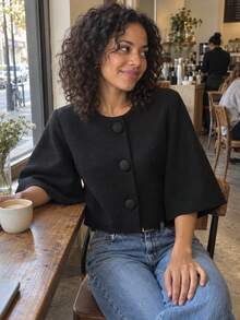女款針織短版開襟衫，時尚休閒米色鈕扣短版上衣，短袖女款針織衫 - 黑色 - 查看 3