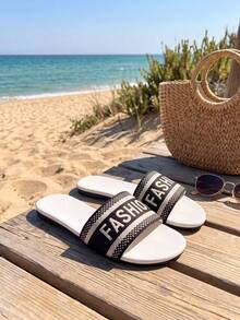 Black White Strap Slide Sandals, Chic Flat Open Toe Slippers With Letter Print, Summer Casual Shoes For Beach Holiday Daily Party - White - View 3