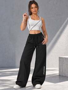 Women Black Wide Leg Pants With Elastic Drawstring Waist And Zipper Pockets Casual Loose Fit Full Length Trousers - Black - View 10