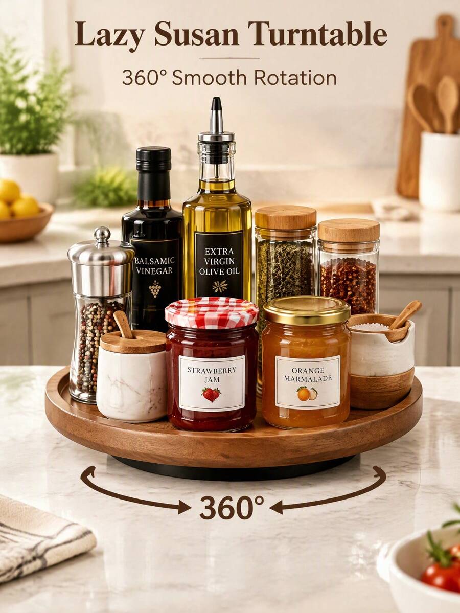 1pc 360° Rotating Solid Wood Round Turntable, Multifunctional Wooden Spice Storage Tray, Kitchen Seasoning Rack, Kitchen Storage Organizer Accessory, Spice Container, Kitchen Decor, Solid Wood Rotating Tray, Fits Kitchen Cabinets And Storage Cabinets, Home Storage Turntable, Christmas, Halloween, Graduation, Birthday Gift