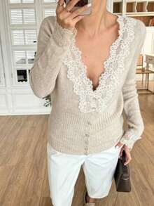 Women's Elegant Autumn/Winter New V-Neck Lace Trim Vintage Pullover Button-Up Date Sweater Fall - Apricot - View 4