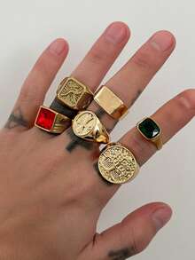 6pcs Vintage Glamorous Geometric Metal Rings, Inlaid With Red And Green Plastic Rhinestones, Stackable Wear, Men's Personalized Accessories, Gift - Yellow Gold - View 6