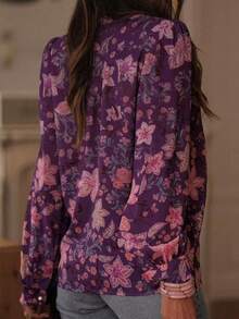 Women's Spring/Summer Digital Print Blouse, Fashionable Elegant Casual Loose Fit Long Sleeve Small Stand Collar Vacation - Purple - View 3