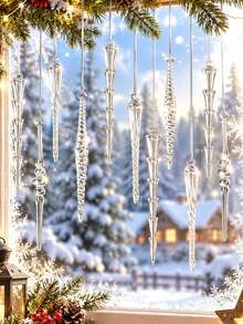 12pcs Crystal Icicle Hanging Decorations, Transparent Ice Drop Ornaments, Suitable For Christmas Outdoor Decor, Garden Patio Porch Tree Hanging Accessories, Shiny Winter Holiday Decorations, Perfect For Holiday Parties And Home Decor - Christmas Ornament - View 2