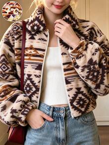 Lurzo Girls Autumn/Winter Casual Retro Thick Wool Geometric Print Lapel Zipper Jacket, Fleece Warm Cardigan, Heat Retention, Suitable For Daily Wear - Apricot - View 1