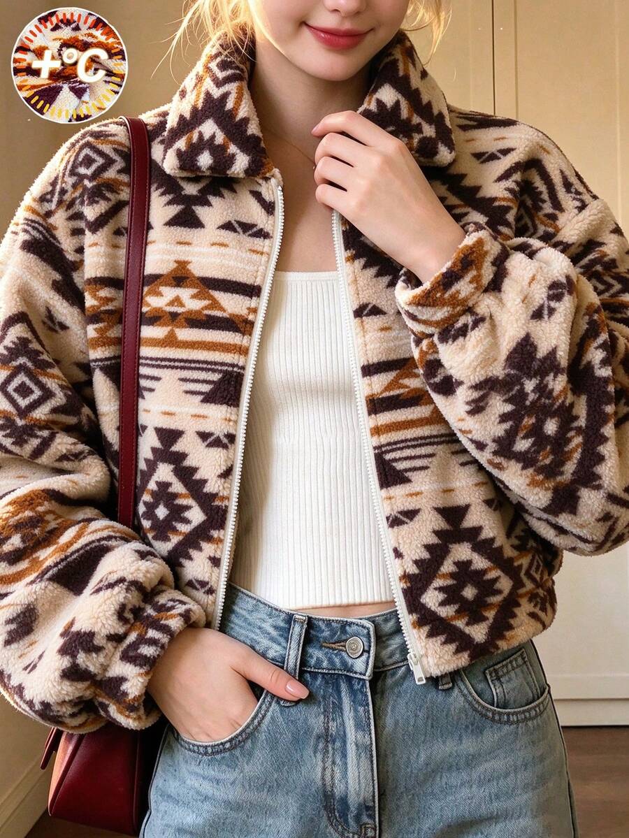 Lurzo Girls Autumn/Winter Casual Retro Thick Wool Geometric Print Lapel Zipper Jacket, Fleece Warm Cardigan, Heat Retention, Suitable For Daily Wear - Apricot - View 1