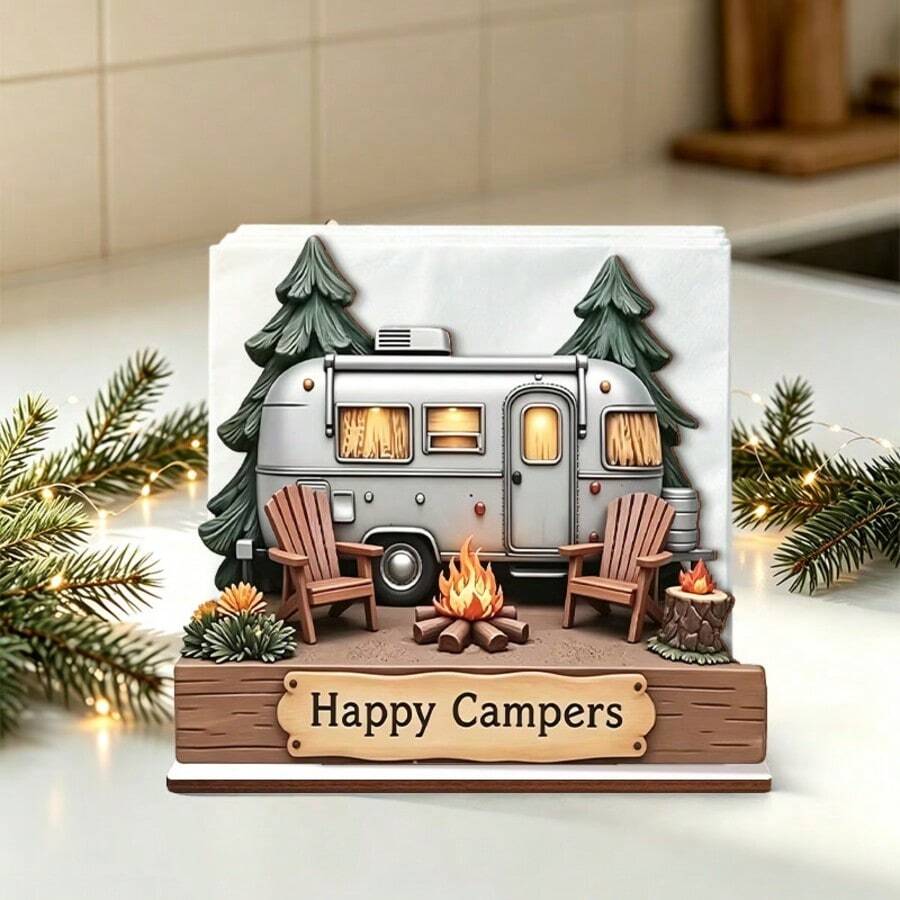 1 buah Tempat Tisu Kayu Happy Camper, Kotak Tisu Desain Pohon Api Unggun untuk RV, Trailer Camping, Organizer Tisu Meja untuk Pesta Camping Luar Ruangan, Dekorasi Meja Makan Dapur - MultiWarna - View 1