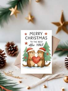 1pc Sweet Christmas Card For Partner, Husband, Wife – Playful Otter Cartoon Illustration, Romantic Holiday Greeting, Thickened, With Envelope - A - View 11