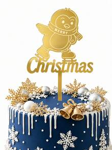 3件組金色鏡面壓克力聖誕蛋糕裝飾插牌,雷雕溜冰企鵝圖案與Merry Christmas字母,適用於聖誕派對、冬季慶祝與甜點桌節日蛋糕裝飾 - A - 查看 2