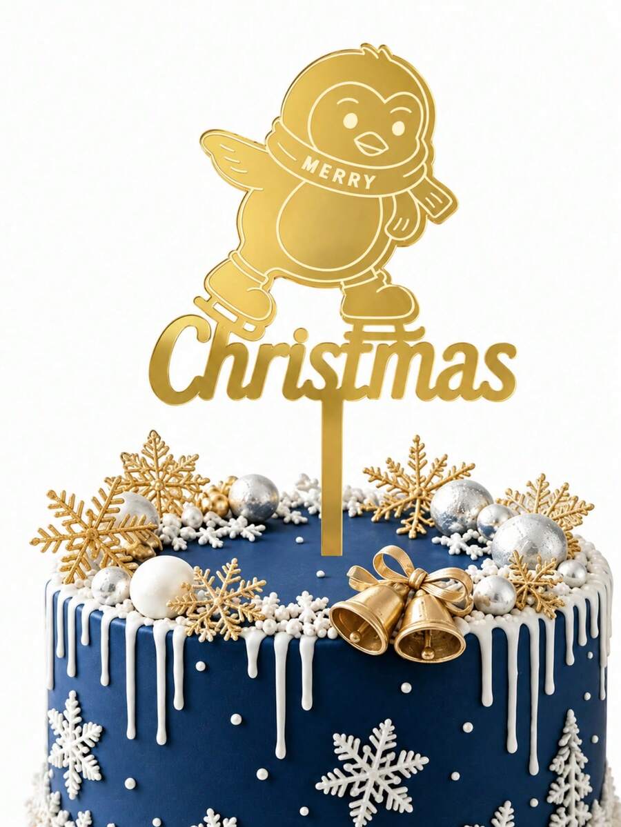 3件組金色鏡面壓克力聖誕蛋糕裝飾插牌，雷雕溜冰企鵝圖案與Merry Christmas字母，適用於聖誕派對、冬季慶祝與甜點桌節日蛋糕裝飾
