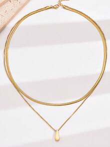 RAYQUEEN 1pc Hot-Selling Stainless Steel Double-Layer Water Drop Pendant Necklace For Women, Suitable For Daily Wear And Gifting - Gold - View 4