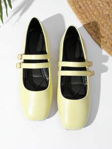 Women's Flat Pale Yellow Mary Jane Ballet Shoes With Double Straps - Light Yellow - View 7