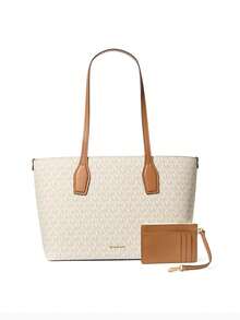Michael Kors MK Charlie Logo Medium Tote Bag With Small Zipper Pouch Wallet Set, Women's Casual Commuter Handbag Shoulder Bag, Fashion Gift Bag - Beige Brown - View 4