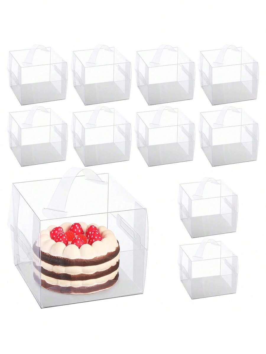 10Pcs Clear Plastic Cake Box With Handle & Lock Top, Portable Square Dessert Container Packaging For Cake, Donut, Pastry, Chocolate, DIY Birthday, Halloween, Christmas Holiday Party Gift Box - Multicolor - View 1