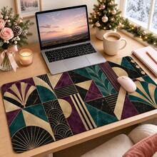 1pc Art Deco Patchwork Mouse Pad, Plum And Teal Geometric Desk Mat, Polyester Fiber Surface, Non-Slip Rubber Base, Stylish Writing Mat For Home Office, 4 Sizes Available - View 3