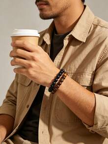 2/4pcs Men Beaded Stackable Bracelet Set, Tiger Eye & Obsidian Hematite Stone, Minimal Retro Casual Style, Bead Wristband, All Season Daily Accessory - Multicolor - View 6