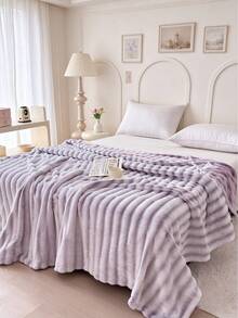 1pc Striped Print Faux Rabbit Fur Blanket, Soft Comfortable Warm Blanket For Home Decor, Suitable For Bed, Sofa, Office, Room Decoration, Dorm, Machine Washable - Mauve Purple - View 1