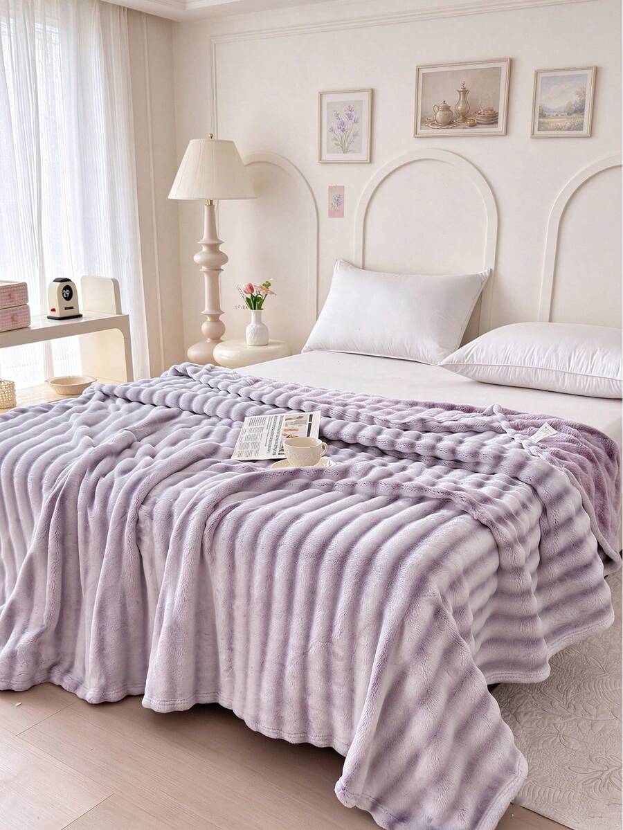 1pc Striped Print Faux Rabbit Fur Blanket, Soft Comfortable Warm Blanket For Home Decor, Suitable For Bed, Sofa, Office, Room Decoration, Dorm, Machine Washable - Mauve Purple - View 1