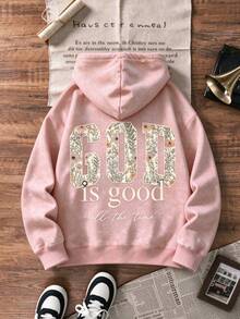 Unisex Vintage Washed Sweatshirt, Floral Slogan Back Print Loose Long Sleeve Casual Pullover, Autumn/Winter - Pink - View 2