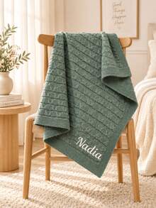 1pc Custom Embroidered Solid Color Knitted Throw Blanket, Personalized Name Embroidery With Semi-Circle Knit Pattern, 4 Color Options, Lightweight Blanket With Neat Edge, For Bedroom Sofa Home Rest, Ideal Holiday Present For Family Members - Multicolor - View 3