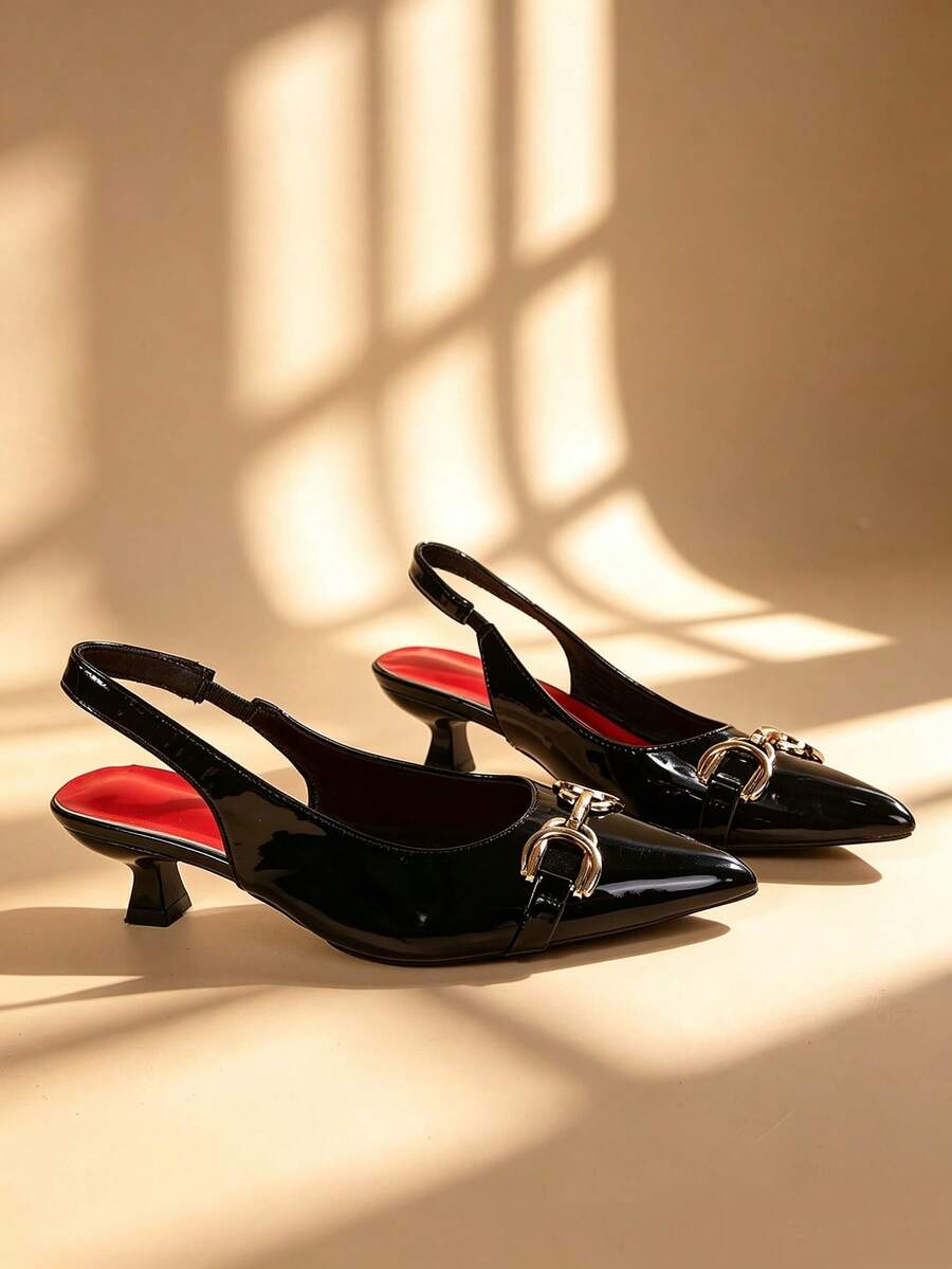 Black Patent Leather Slingback Kitten Heel Shoes, Pointed Toe Metal Horsebit Buckle Women's Dress Sandals - Black - View 1