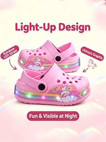 Girls Children LED Light-Up Unicorn Clogs, Rainbow Flashing Slip-On Beach Shoes, Breathable Perforated Clogs, DIY Clogs - Pink - View 1