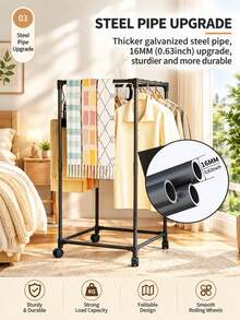 Square Floor Standing Drying Rack With Wheels, Household Vertical Coat Rack With Thickened Steel Tubes, Large Capacity Clothes Storage Rack, Tall Design For Hanging Long Dresses, Movable Clothes Organizer - Black and White - View 5