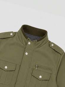 Men's Army Green Stand Collar Utility Jacket, Elastic Cuffs, Standard Fit, Long Sleeve - Army Green - View 5