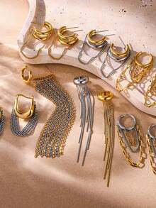 1pc Fashion Minimalist Asymmetric Multi-Element Chain Ear Cuff Earrings, Suitable For Daily Wear, Luxury High-End Feel - Gold - View 2