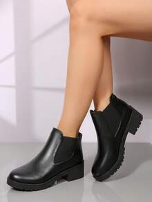 Ladies Fashion Black Slip‑On Short Chelsea Booties, Elastic Gore Ankle Boots With Chunky Block Heel For Daily Outdoor Wear - Black - View 4