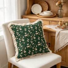 1PC Green Background Floral Print Tassel Square Pillow Cover, Double-Sided Printing, American Country Style, Used For Sofa Bedroom Home Decoration, Versatile Decorative Pillow Cover(Excluding Pillow Core)-Size Excludes 3cm Tassels - Multicolor - View 2