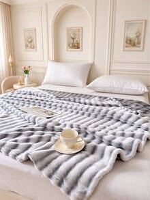 1pc Striped Print Faux Rabbit Fur Blanket, Soft Comfortable Warm Blanket For Home Decor, Suitable For Bed, Sofa, Office, Room Decoration, Dorm, Machine Washable - Light Grey - View 8