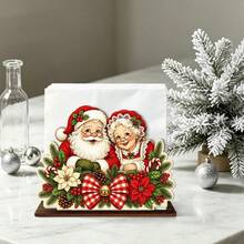 1pc Santa Claus Couple Wooden Napkin Holder, Vintage Plaid Bow Bell Holly Berry Design Desktop Tissue Box, Christmas Table Napkin Storage Box, For Kitchen Dining Room Party Decoration - View 5