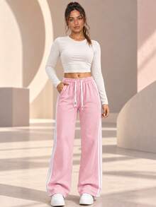 AODSR Women Pink Wide Leg Sweatpants Track Pants Side Stripe Drawstring Elastic High Waist Loose Fit Casual Athletic Pants - Pink - View 4
