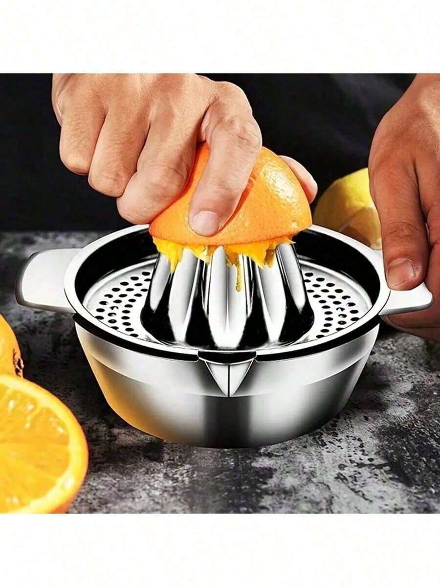 Stainless Steel Manual Juicer, Fruit Lemon Orange Presser, Hand-Pressed Small Portable Juicer, 10oz Juice Extractor/Lemon Orange Grapefruit Manual Juicer, Citrus Easy To Squeeze, Easy Squeeze With Bowl Container, With 2 Spouts - Silver - View 1
