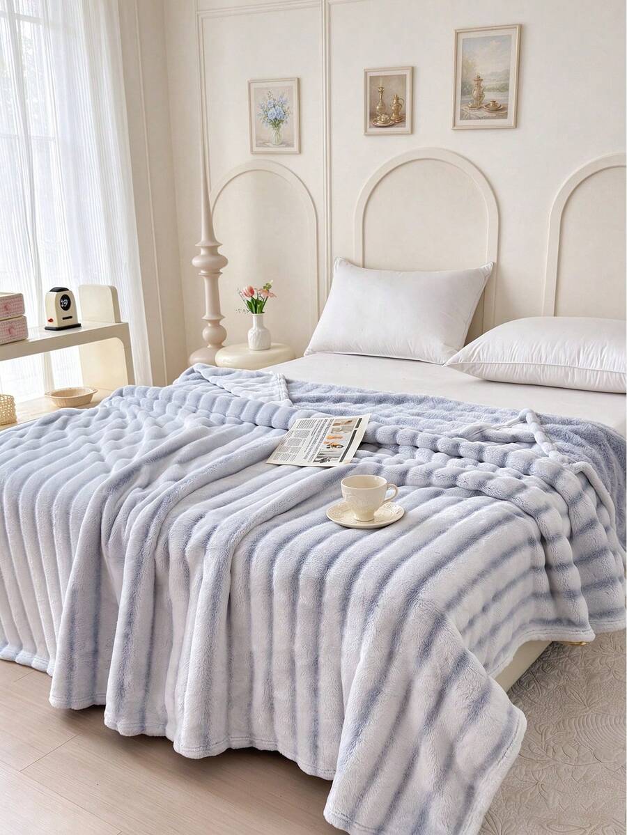 1pc Striped Print Faux Rabbit Fur Blanket, Soft Comfortable Warm Blanket For Home Decor, Suitable For Bed, Sofa, Office, Room Decoration, Dorm, Machine Washable - Blue and White - View 1