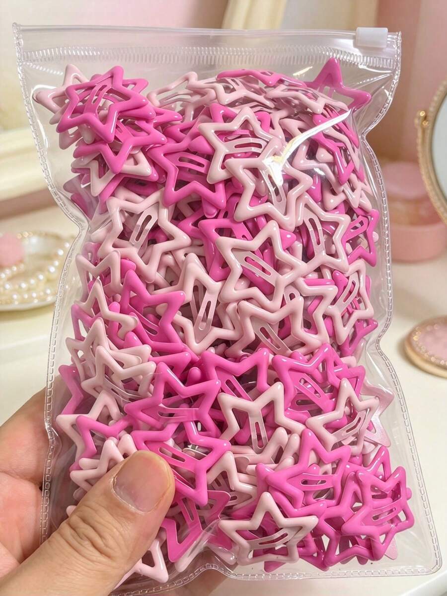 30/70/160Pcs Glitter Star BB Hair Clips, Two-Tone Pink, 3D Star Shape, Non-Slip Strong Grip, No Hurt Hair, Girls Cute Side Bangs Barrettes - Hot Pink - View 1